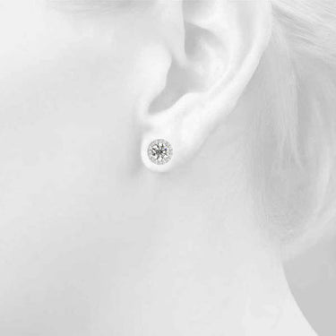 Round Halo Studs – Round Lab Diamond Stud Earrings in 18K Gold | Just Brilliant – close-up view