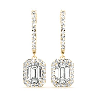 Emerald Cut Halo Drop Earrings – Emerald Cut Emerald Drop Earrings in 18K Gold | Just Brilliant – close-up view