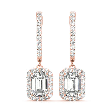 Emerald Cut Halo Drop Earrings – Emerald Cut Emerald Drop Earrings in 18K Gold | Just Brilliant – side view