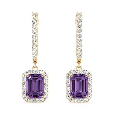 Emerald Cut Halo Drop Earrings – Emerald Cut Emerald Drop Earrings in 18K Gold | Just Brilliant – view 12