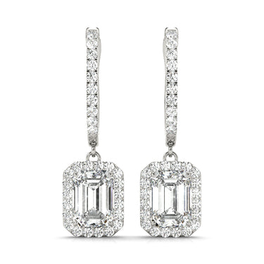 Emerald Cut Halo Drop Earrings – Emerald Cut Emerald & Lab Diamond Drop Earrings in 18K Gold | Just Brilliant