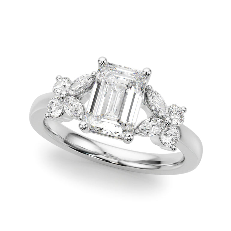 Contemporary Floral Emerald Cut Engagement Ring – Marquise Emerald & Lab Diamond Engagement Ring in 18K Gold | Just Brilliant