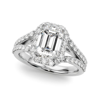 Split Shank Emerald Cut Halo Engagement Ring – Emerald Cut Emerald & Lab Diamond Engagement Ring in 18K Gold | Just Brilliant