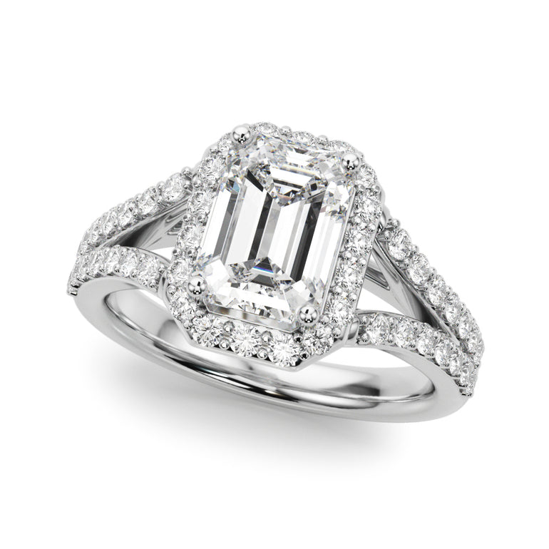 Split Shank Emerald Cut Halo Engagement Ring – Emerald Cut Emerald & Lab Diamond Engagement Ring in 18K Gold | Just Brilliant