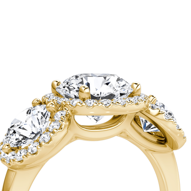 Just Brilliant three stone halo ring, 18K Yellow Gold, detail view