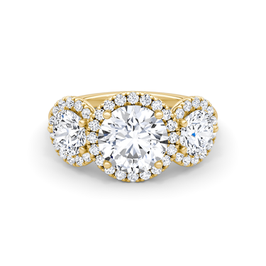 Just Brilliant three stone halo ring, 18K Yellow Gold, front view