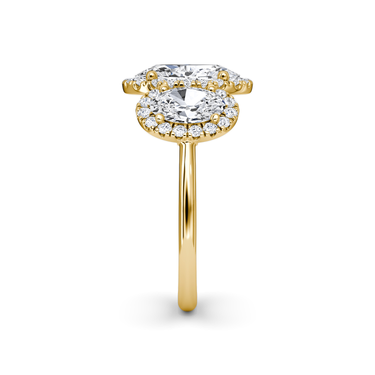 Just Brilliant three stone halo ring, 18K Yellow Gold, side view