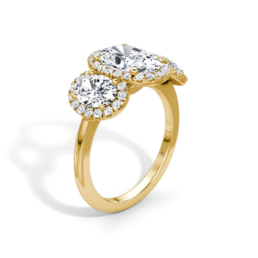 Just Brilliant three stone halo ring, 18K Yellow Gold, upright view