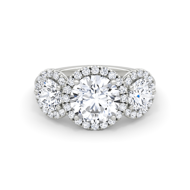 Just Brilliant three stone halo ring, 18K White Gold, front view