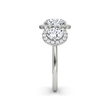 Just Brilliant three stone halo ring, 18K White Gold, side view