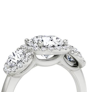 Just Brilliant three stone halo ring, 18K White Gold, detail view