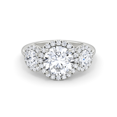 Just Brilliant three stone halo ring, 18K White Gold, front view