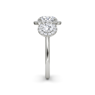 Just Brilliant three stone halo ring, 18K White Gold, side view