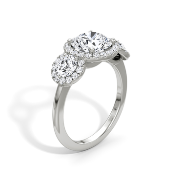 Just Brilliant three stone halo ring, 18K White Gold, upright view