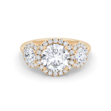 Just Brilliant three stone halo ring, 18K Rose Gold, front view