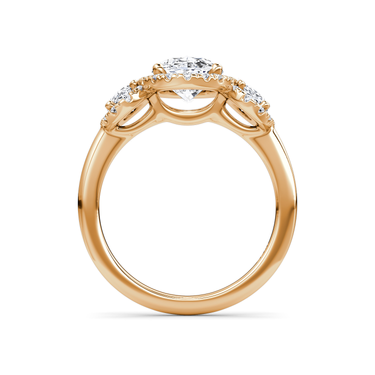 Just Brilliant three stone halo ring, 18K Rose Gold, profile view