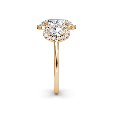 Just Brilliant three stone halo ring, 18K Rose Gold, side view