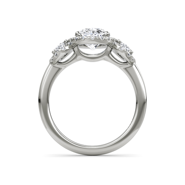 Just Brilliant three stone halo ring, 18K White Gold, profile view