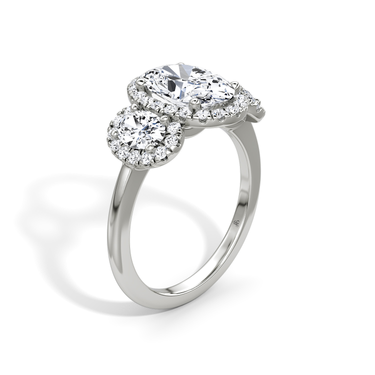 Just Brilliant three stone halo ring, 18K White Gold, upright view