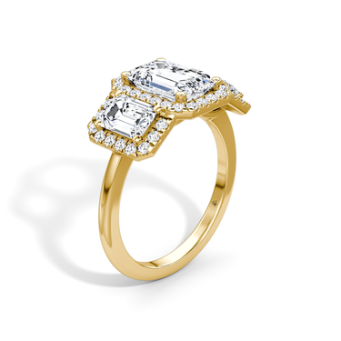 Just Brilliant three stone halo ring, 18K Yellow Gold, upright view