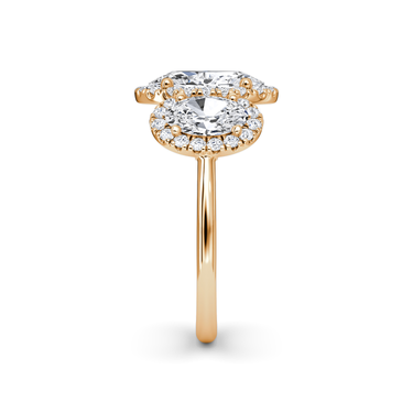 Just Brilliant three stone halo ring, 18K Rose Gold, side view