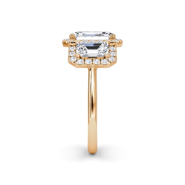 Just Brilliant three stone halo ring, 18K Rose Gold, side view