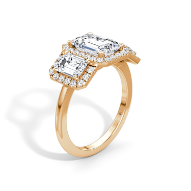 Just Brilliant three stone halo ring, 18K Rose Gold, upright view