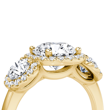 Just Brilliant three stone halo ring, 18K Yellow Gold, detail view