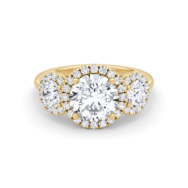 Just Brilliant three stone halo ring, 18K Yellow Gold, front view