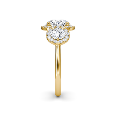 Just Brilliant three stone halo ring, 18K Yellow Gold, side view