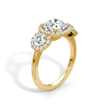 Just Brilliant three stone halo ring, 18K Yellow Gold, upright view