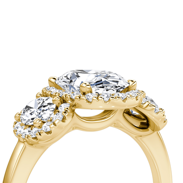 Just Brilliant three stone halo ring, 18K Yellow Gold, detail view