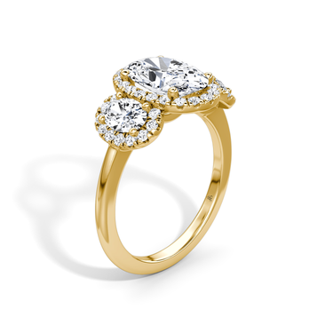 Just Brilliant three stone halo ring, 18K Yellow Gold, upright view