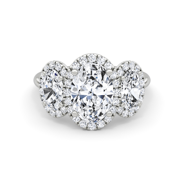 Just Brilliant three stone halo ring, 18K White Gold, front view