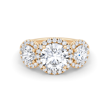 Just Brilliant three stone halo ring, 18K Rose Gold, front view