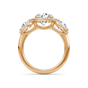 Just Brilliant three stone halo ring, 18K Rose Gold, profile view