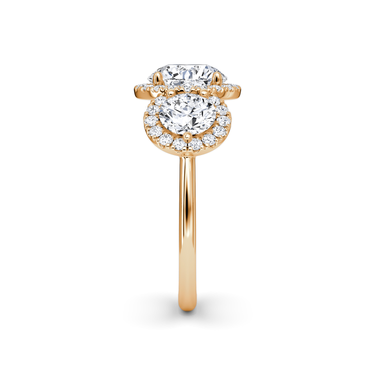 Just Brilliant three stone halo ring, 18K Rose Gold, side view