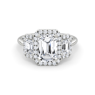 Just Brilliant three stone halo ring, 18K White Gold, front view