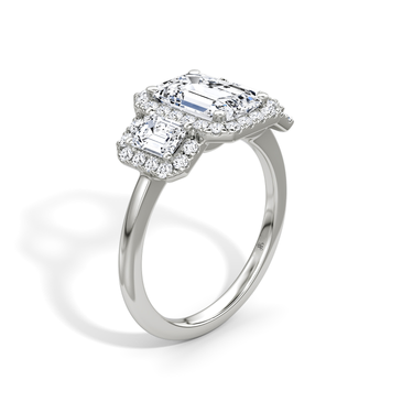 Just Brilliant three stone halo ring, 18K White Gold, upright view