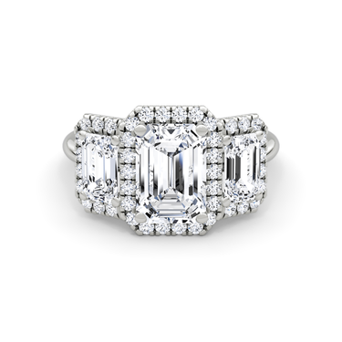 Just Brilliant three stone halo ring, 18K White Gold, front view