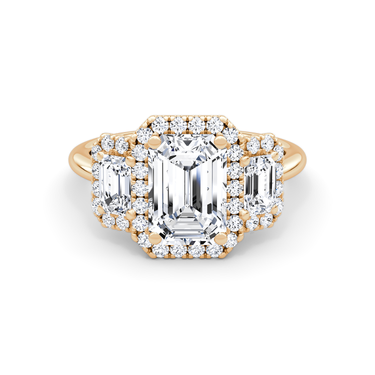 Just Brilliant three stone halo ring, 18K Rose Gold, front view