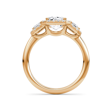 Just Brilliant three stone halo ring, 18K Rose Gold, profile view