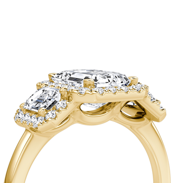 Just Brilliant three stone halo ring, 18K Yellow Gold, detail view