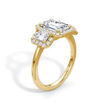 Just Brilliant three stone halo ring, 18K Yellow Gold, upright view