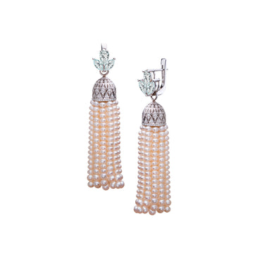 Layali Earrings by Just Brilliant – 5.8ct lab diamond and Akoya pearl chandelier earrings in 18K white gold – close-up view
