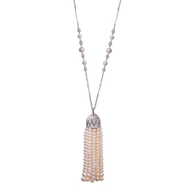 Noor Necklace by Just Brilliant – 1.9ct lab diamond and Akoya pearl tassel necklace in 18K white gold