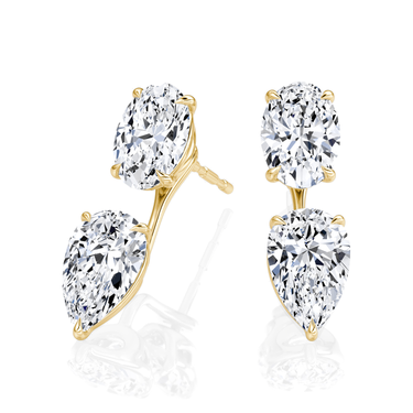 Solitaire Stud & Ear Jacket, Oval, Pear / 1.0ct Stud, 1.0ct Ear Jacket, yellow gold, angled view
