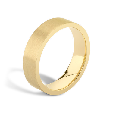 Just Brilliant 6mm Brushed Flat Wedding Band in 18K Yellow Gold, upright view