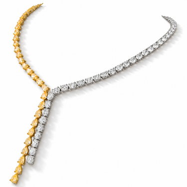 Cascade Solaire Diamond Necklace with yellow pear-shaped and colorless oval diamonds, angled view