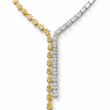 Cascade Solaire Diamond Necklace with yellow pear-shaped and colorless oval diamonds, diamond close-up